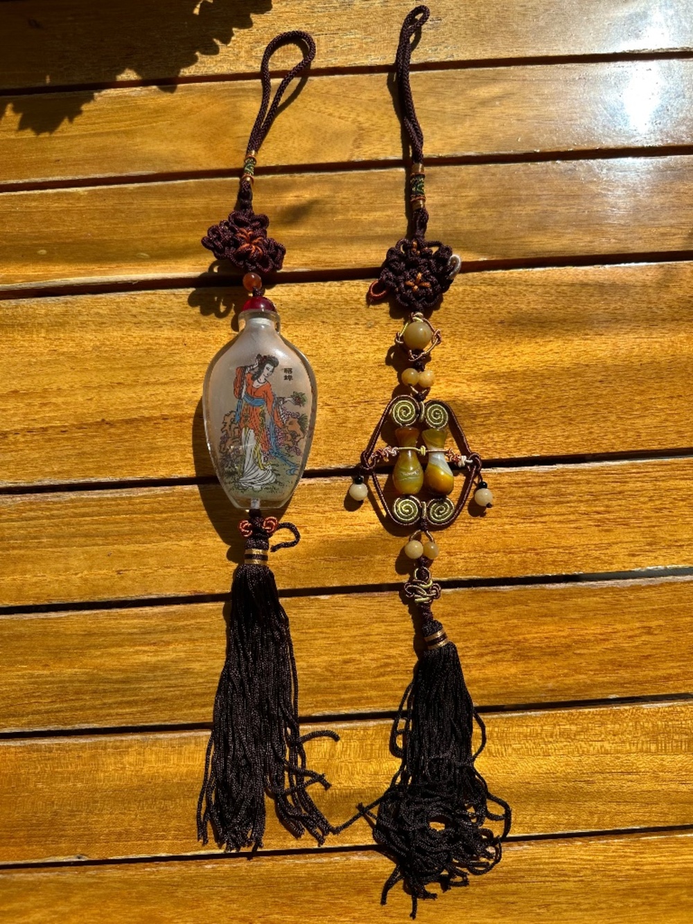 Chinese Glass Snuff Bottle Tassel Pendants Set of 2 Hand Knotted